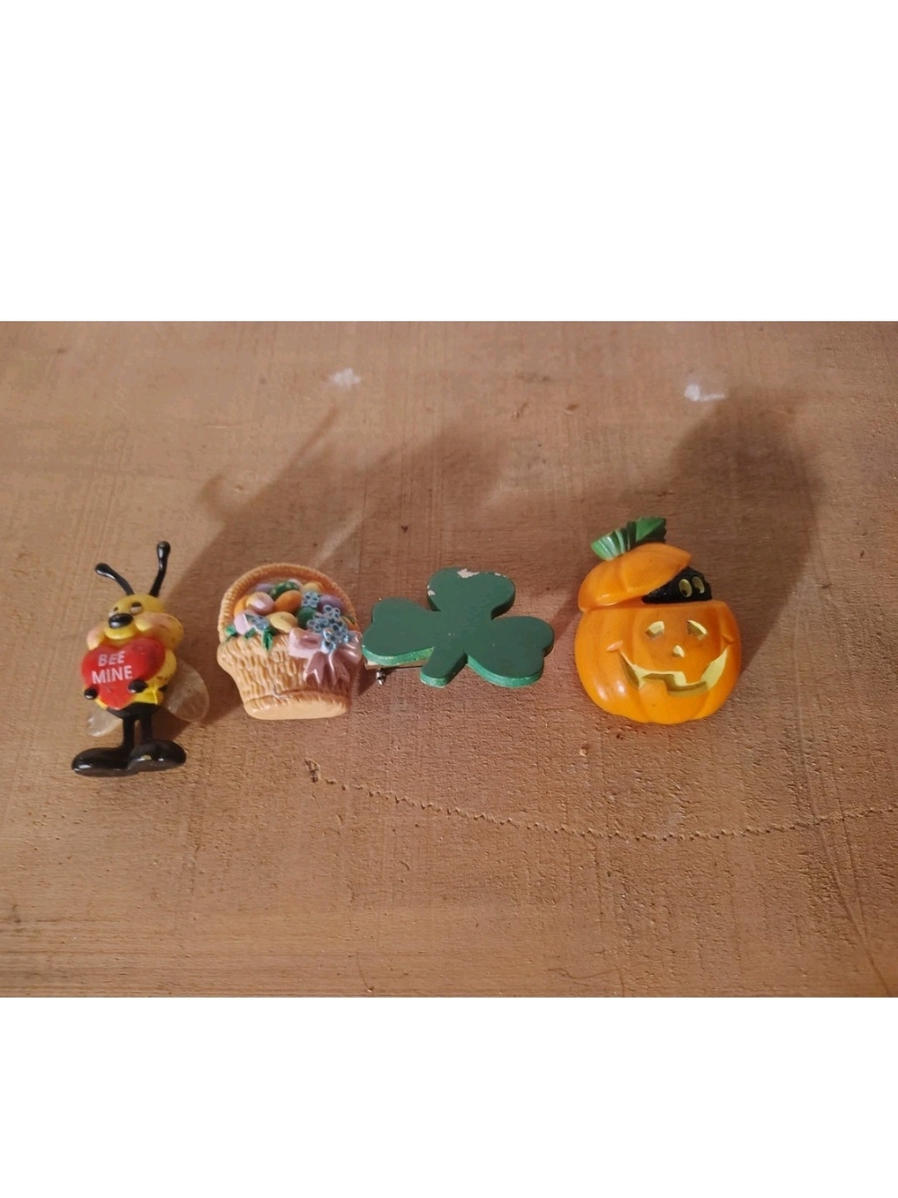 Set of 4 Seasonal Resin Pins - Bee, Flower Basket, Shamrock, Jack-o'-Lantern